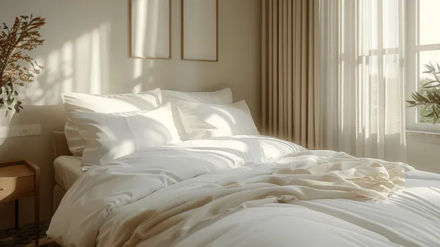 White bedding and a beige blanket on a bed beside a sunlit window.