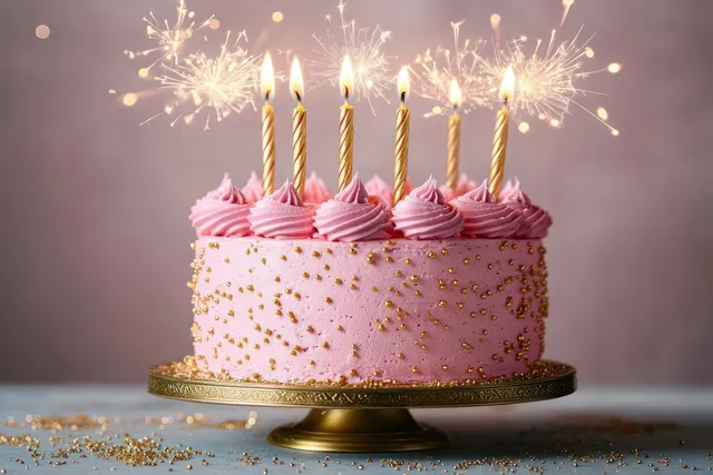 Pink frosted birthday cake with lit candles and sparklers on a gold cake stand with Glitter Like Sprinkles
