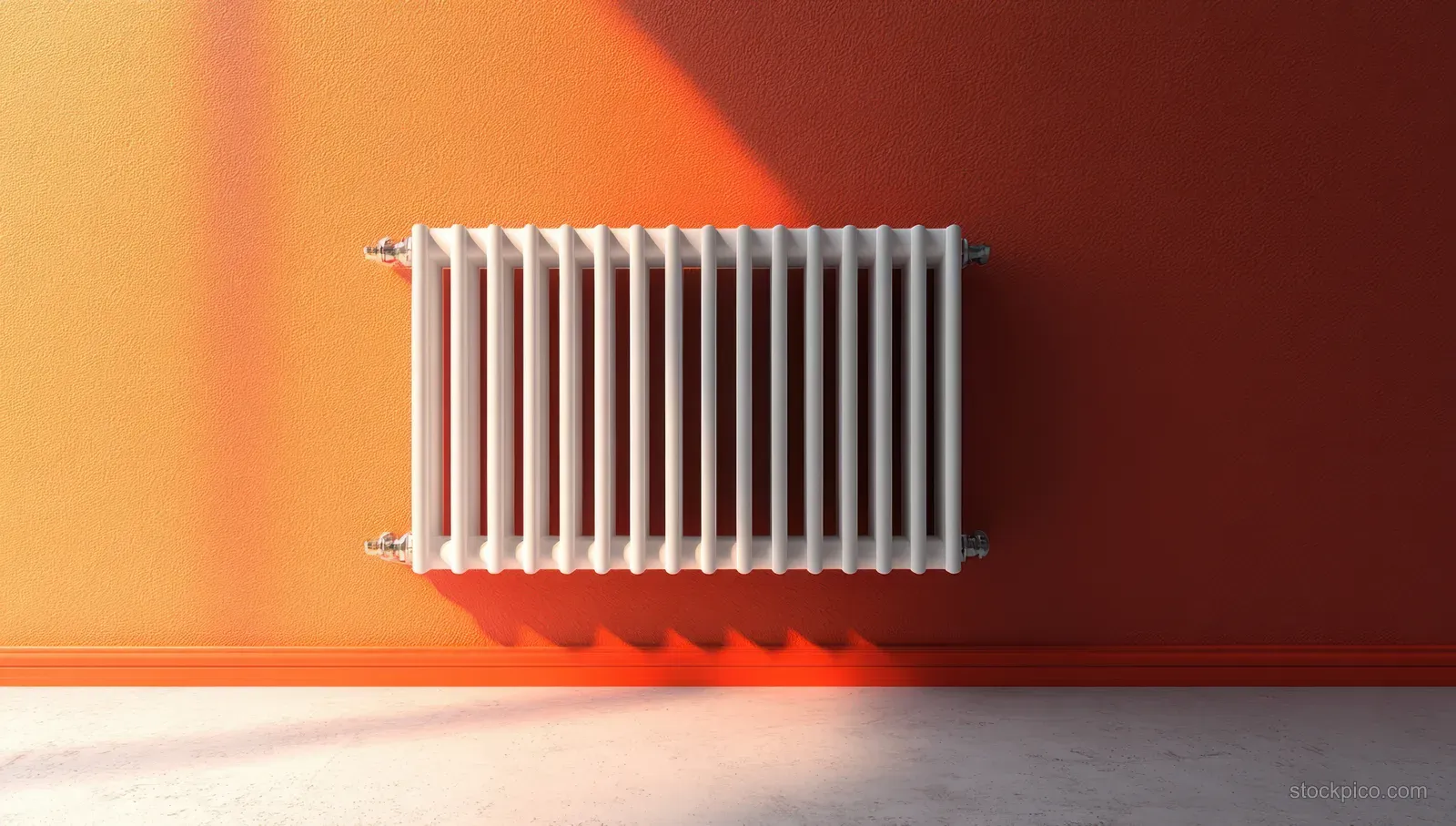 Wall-mounted white radiator in a minimalist room corner with vivid orange walls and sunlight shadows on the floor.