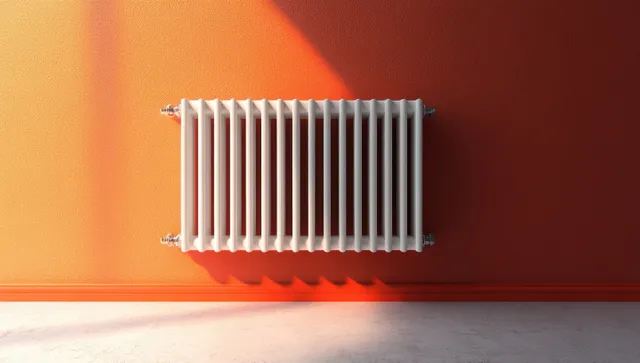 Wall-mounted white radiator in a minimalist room corner with vivid orange walls and sunlight shadows on the floor.