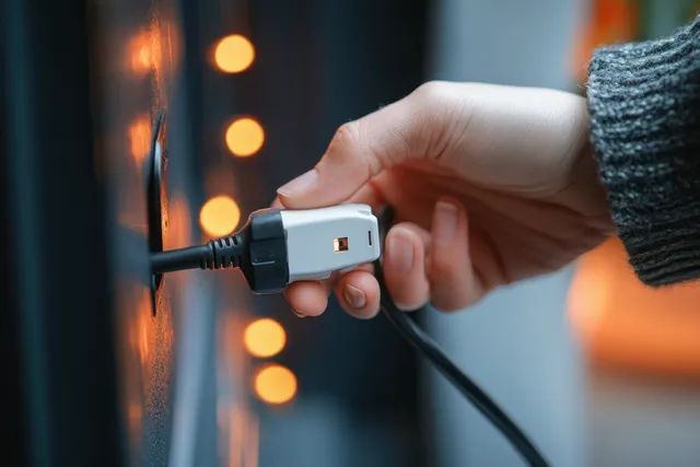 A hand plugs an electrical cord into a wall socket while warm blurred lights glow behind.
