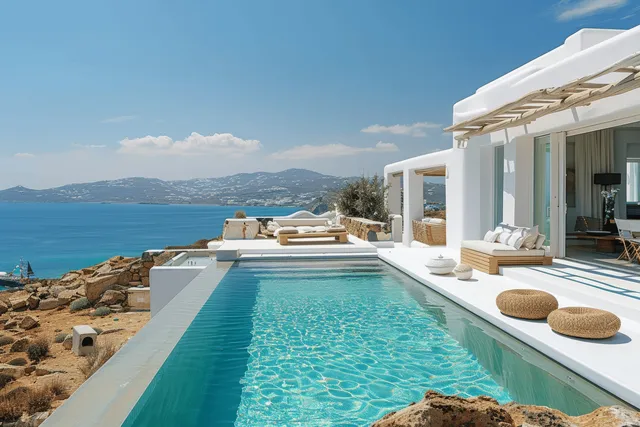 White villa with an infinity pool overlooking the sea and distant mountains.