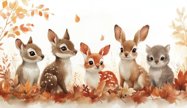 Watercolor woodland animal lineup with fox, deer fawn, owl, and squirrel in autumn leaves