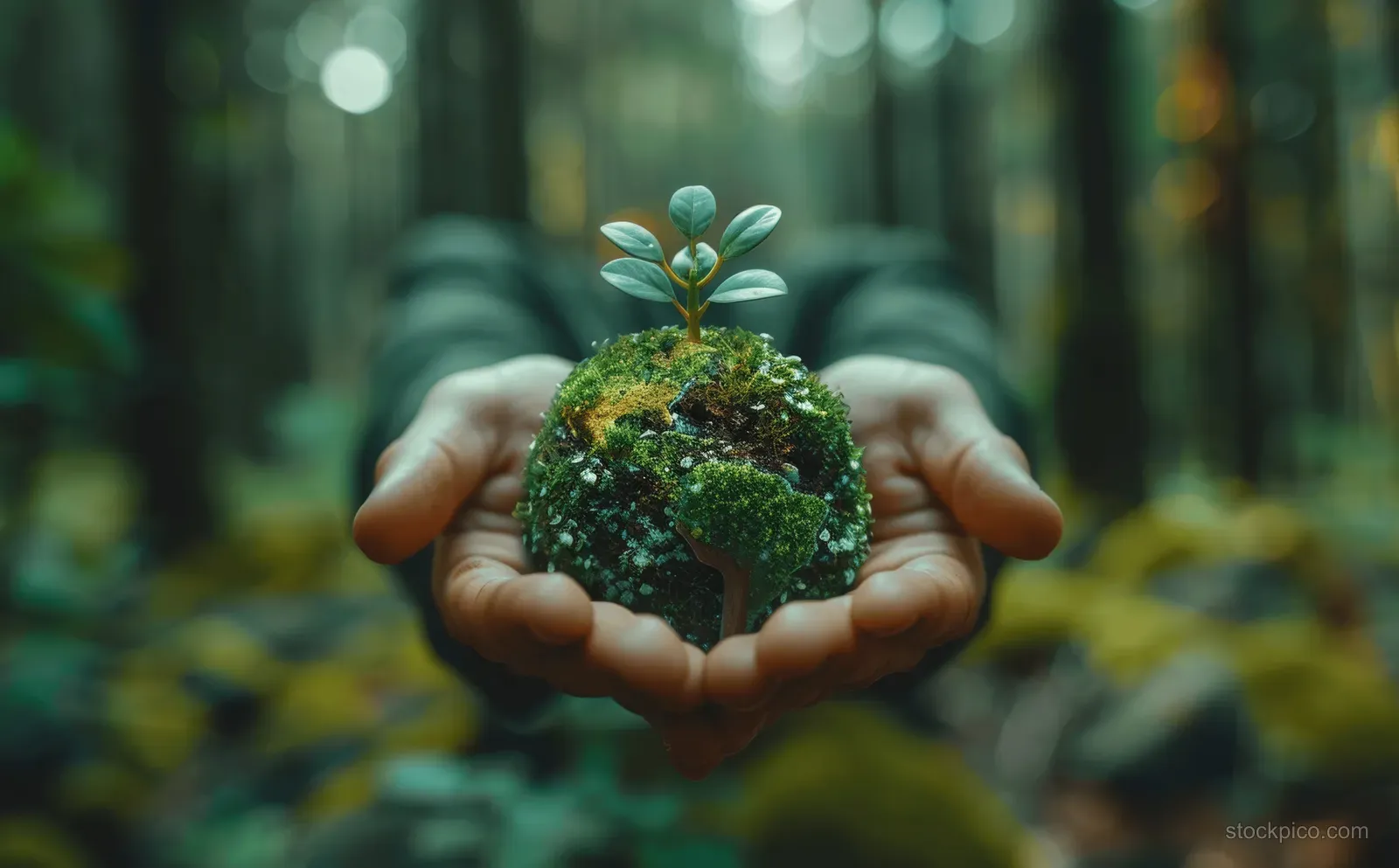 Hands cradle a glowing miniature earth with sprouting leaves in a misty green forest background.