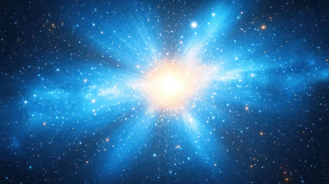 A golden starburst explosion sends blue light rays through a star-filled deep space scene.