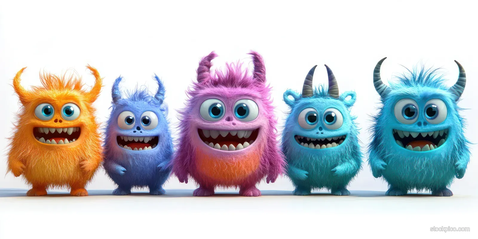 Five fluffy colorful cartoon monsters with big eyes and smiling faces stand in a row on a white background.