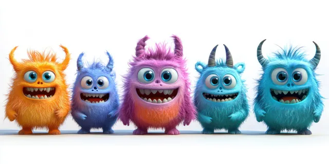 Five fluffy cartoon monsters with wide eyes smiling in a row on white