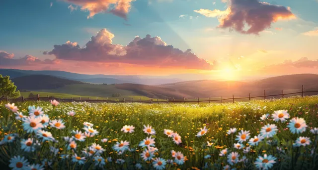 Daisy meadow at sunset with rolling green hills, warm sun rays, and drifting clouds
