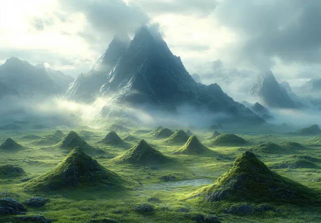 Surreal alien valley at twilight with misty alien mounds under dramatic sky lights