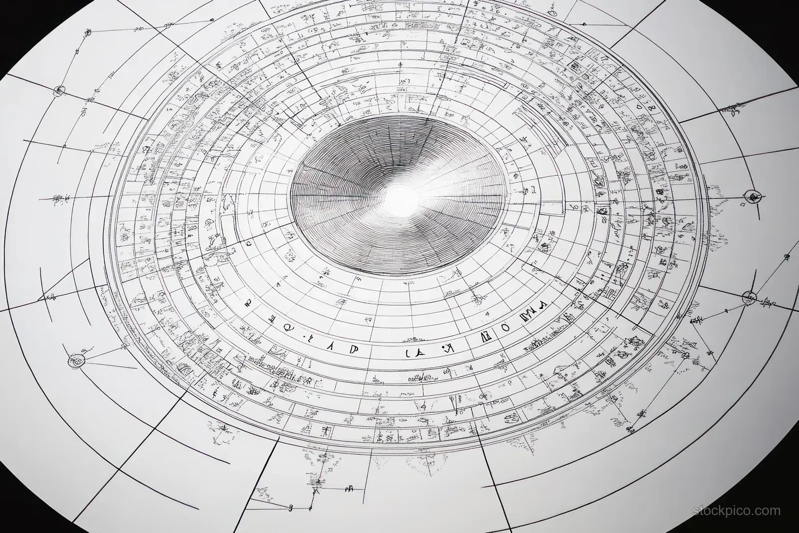 Overhead circular schematic with concentric rings, radial lines, and dense measurement annotations on white paper.