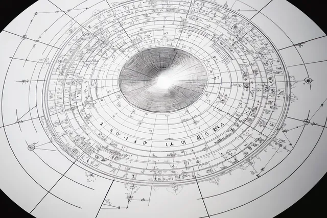 Overhead circular schematic with concentric rings, radial lines, and dense measurement annotations on white paper.