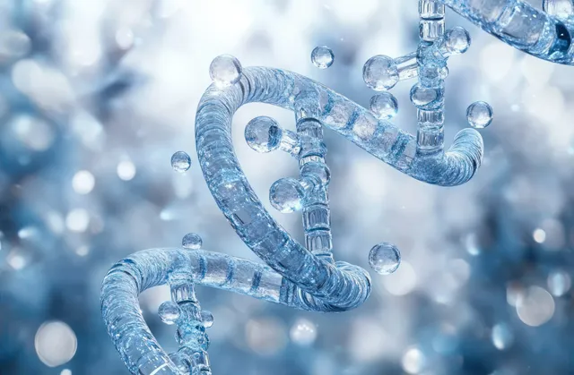 Transparent ice-like DNA double helix with suspended droplets against a blurred frosty blue background.