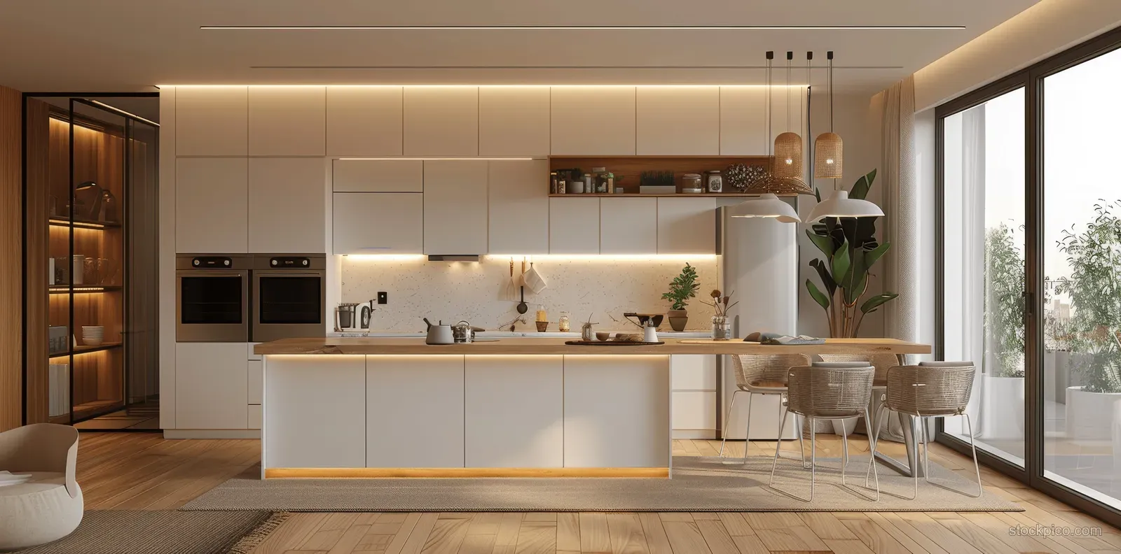 Minimalist white kitchen with a central island, bar stools, built-in oven and refrigerator, warm wood floor, and modern lighting by windows.