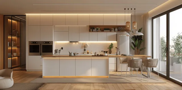 Minimalist white kitchen with a central island, bar stools, built-in oven and refrigerator, warm wood floor, and modern lighting by windows.
