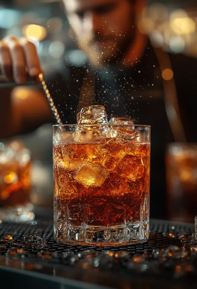 Bartender hands hold a garnish above an orange summer cocktail glass with ice in a dim bar.