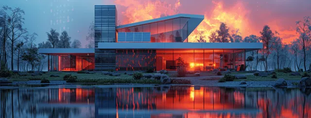 Modern smart home at dusk with solar panels, glowing hologram energy graphics, and reflected lights on water.