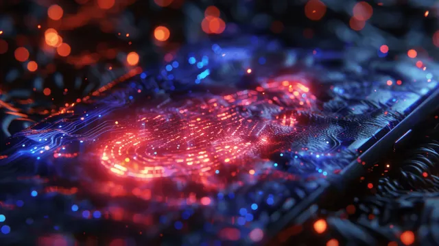 A glowing fingerprint authentication hologram overlays a futuristic smartphone display on a dark cyber network background.