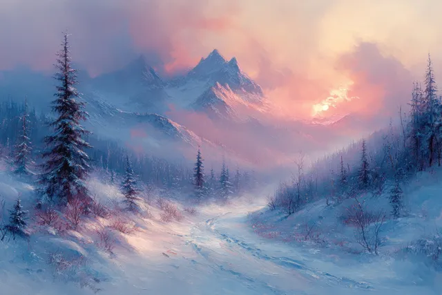 Snowy Carpathian valley with evergreen trees and misty mountains under a pastel sunrise sky.
