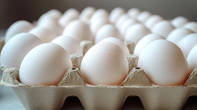 White eggs arranged in a cardboard egg carton with soft natural lighting and visible shell texture.