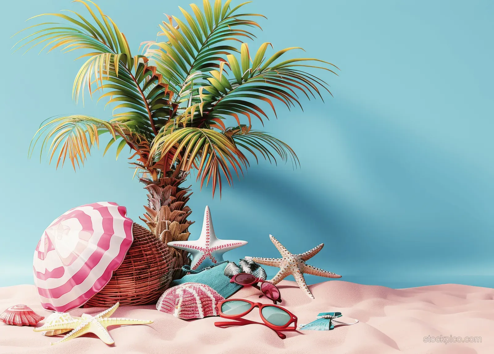 Yellow suitcase and beach umbrella beside palm tree, starfish, and seashells on sandy beach with blue background.