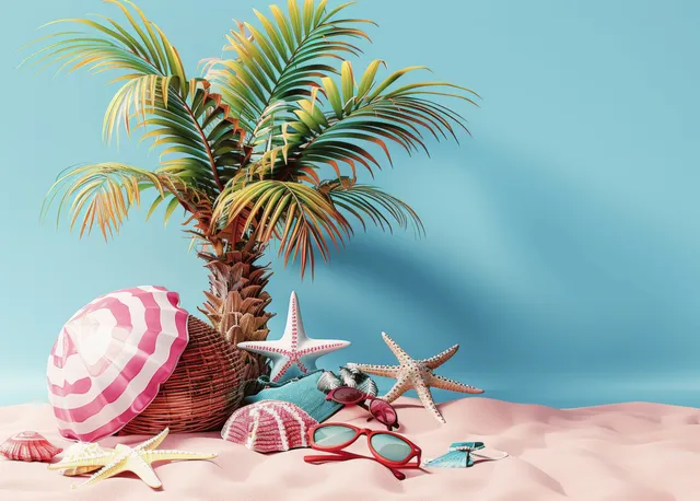 Yellow suitcase and beach umbrella with palm tree, starfish shells on sandy vacation scene