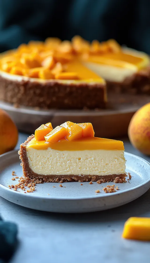 Creamy cheesecake slice topped with golden mango chunks on a plate