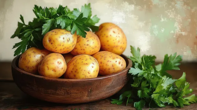 Small yellow potatoes in a wooden bowl with fresh green parsley on a rustic wooden surface.