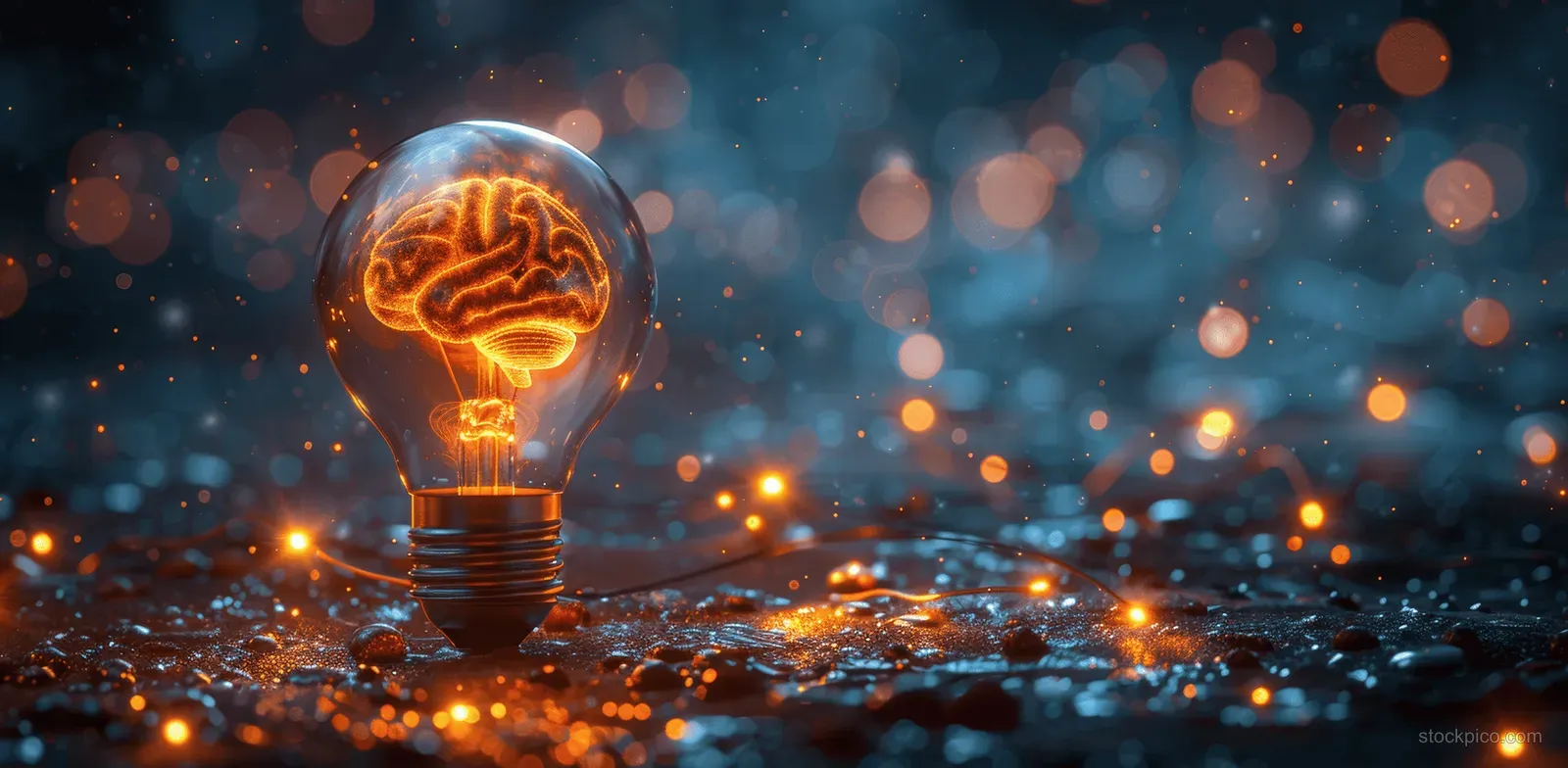 A glowing light bulb with a digital brain inside emits fiery circuitry sparks over a tech-themed background.