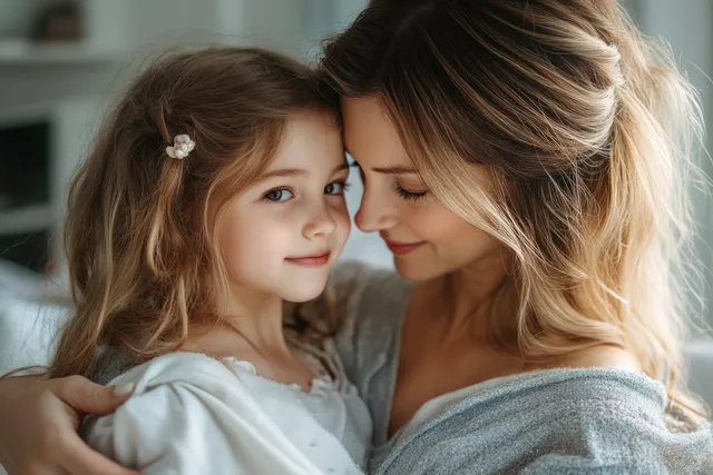 A daughter hugs her mother in a hospital ward, both resting under soft lighting after surgery.