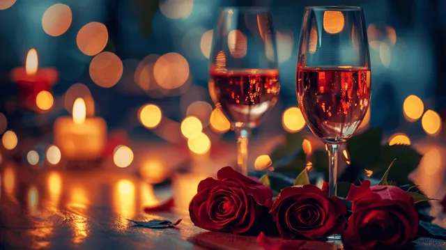 Red roses and two wine glasses sit on a candlelit restaurant table with warm bokeh city lights behind them.