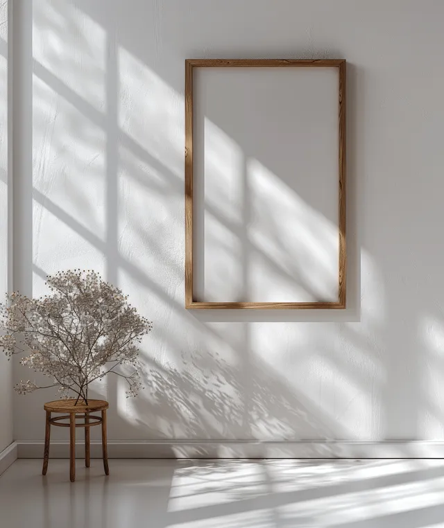 Vertical wooden picture frame mockup on white wall with window light shadows