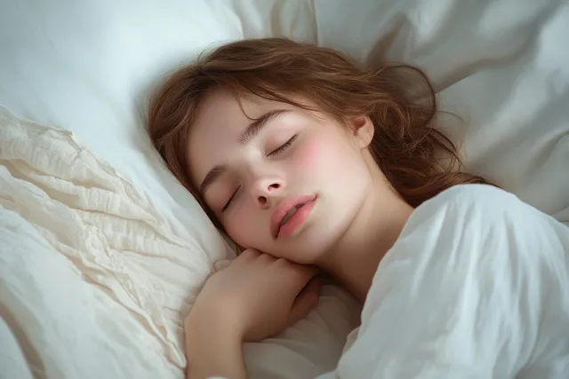 Young woman sleeping with closed eyes on white blankets in soft natural bedroom light.