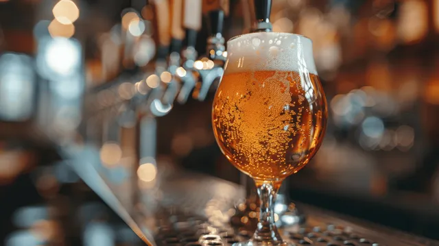 Closeup of a cold lager being poured from a tap into a pint glass, with foam and a warm pub background of bokeh lights.