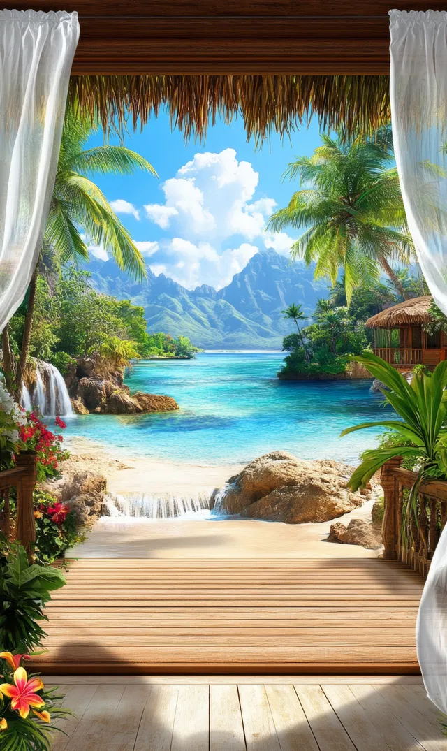 Tropical waterfall landscape seen from wooden deck with palm fronds and distant mountains