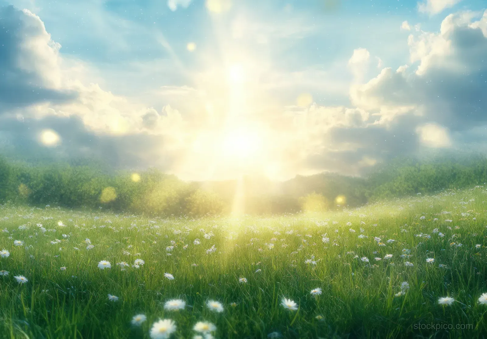 A serene meadow filled with white daisies under soft clouds and warm sunlight, with delicate glowing particles in the air.