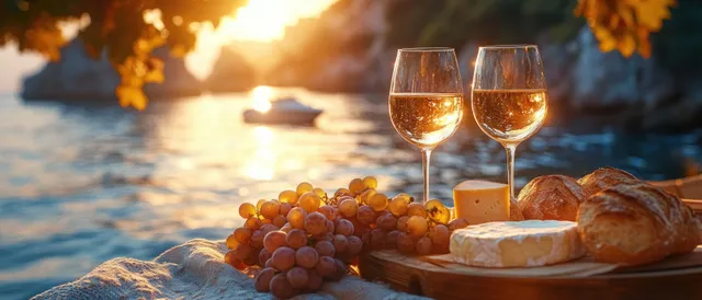 Two wine glasses and a picnic spread of grapes, cheese, and bread on a sailboat table at sunset over the ocean.