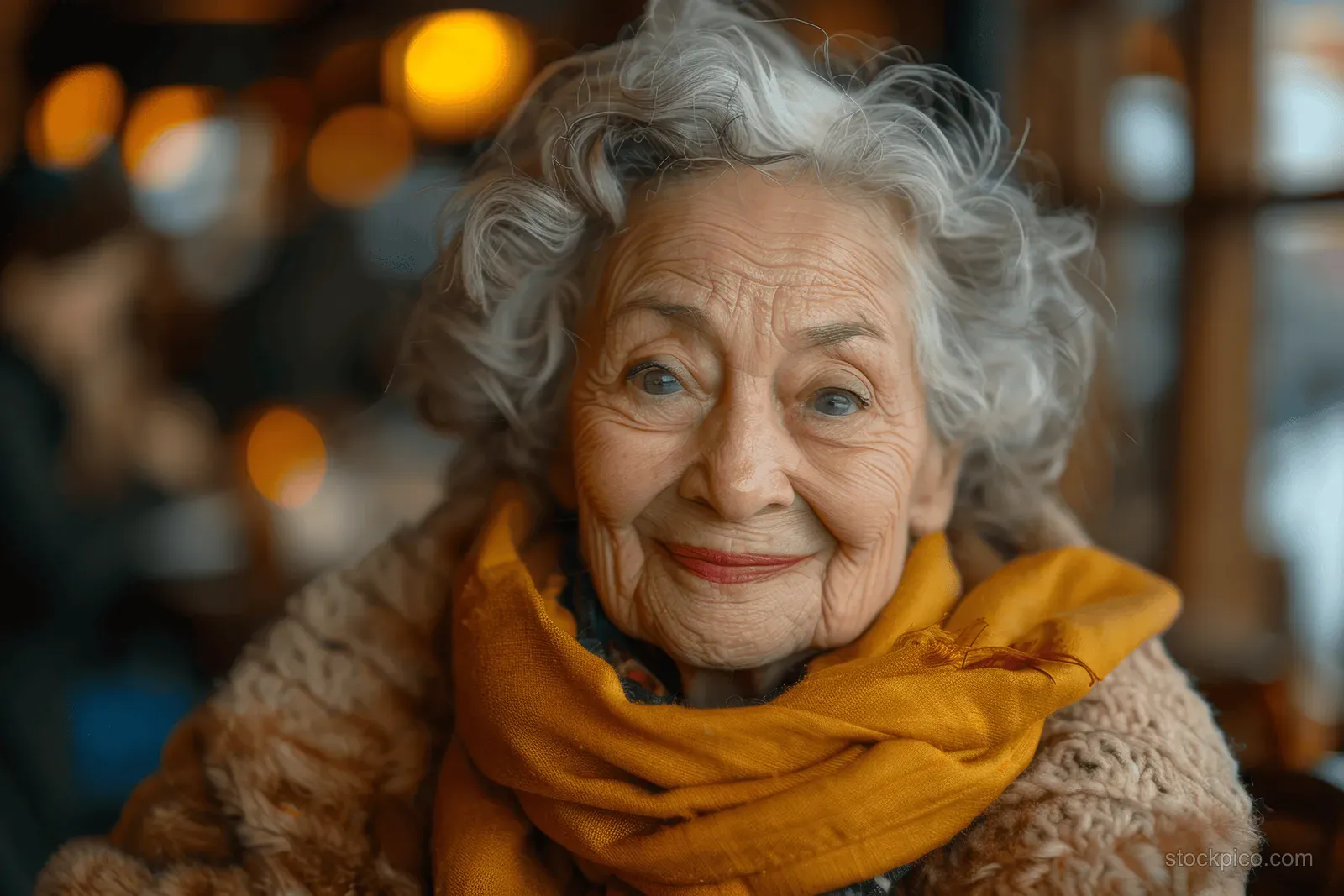 An elderly woman smiles warmly indoors wearing a fur coat and orange scarf with softly blurred lights behind her.