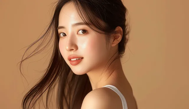 Korean woman with flowing hair gently touching her cheek in soft studio light against a warm beige background.