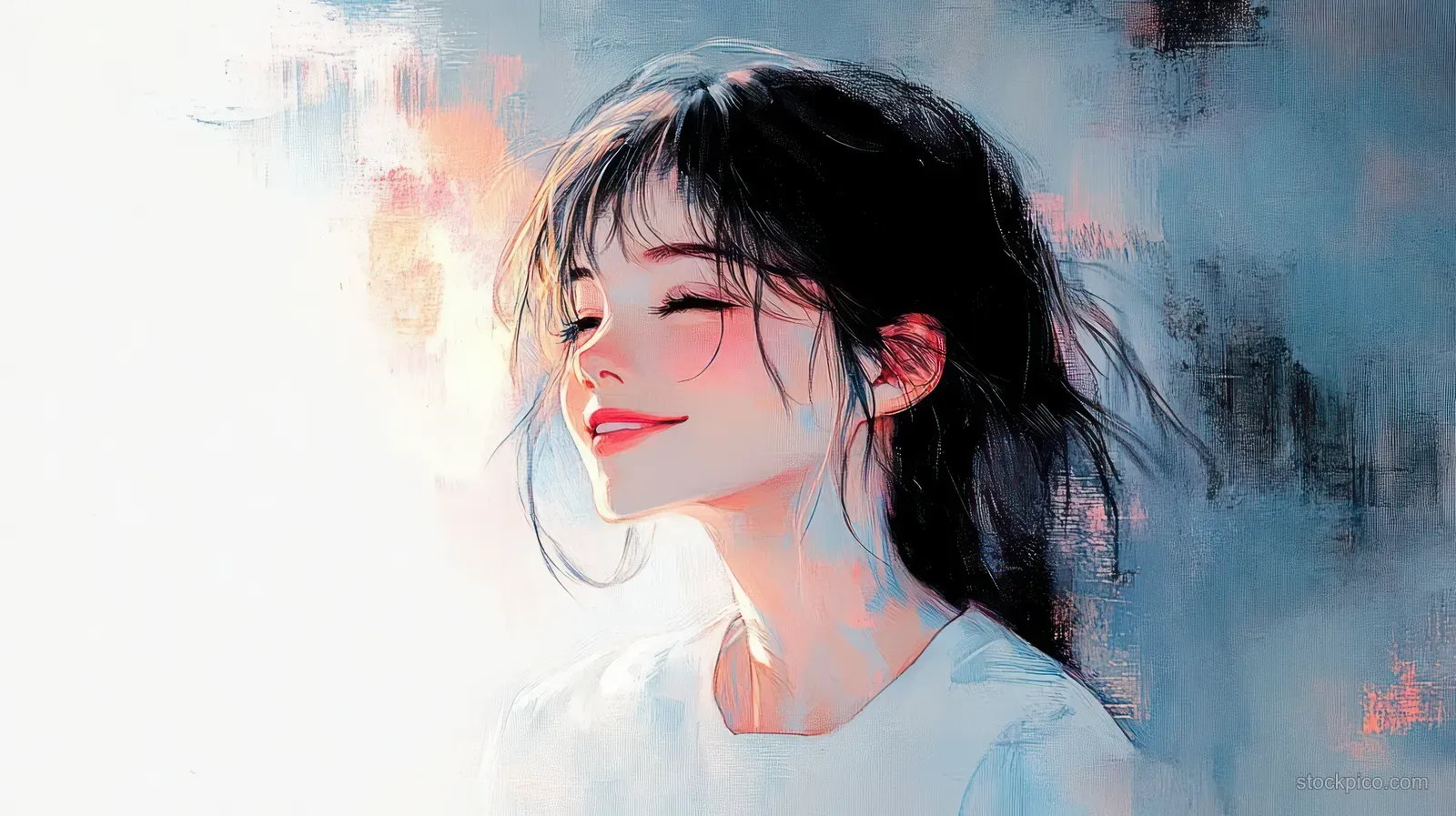 A smiling young woman in a soft pastel impressionist portrait against a bright background.