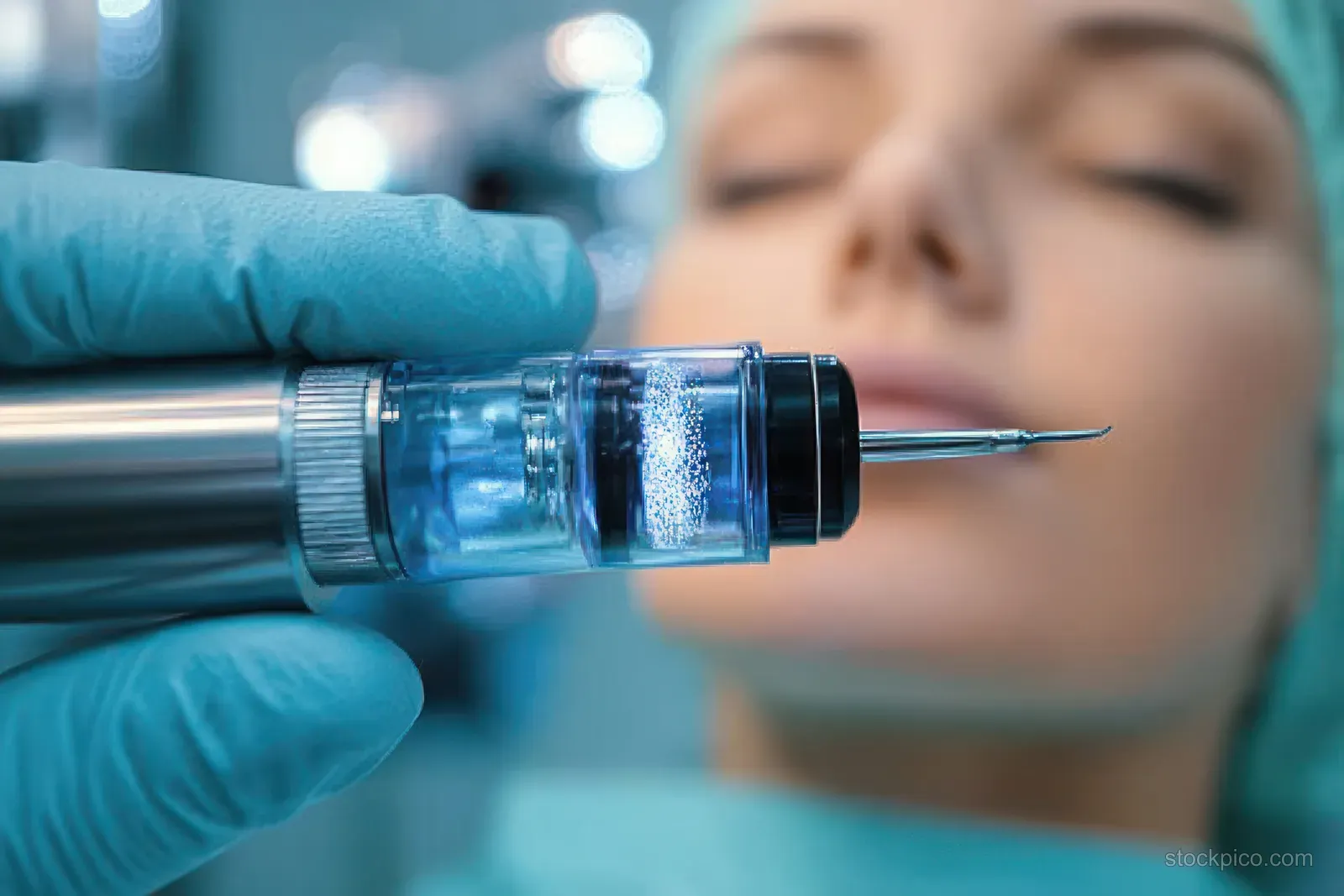 Gloved hands hold a mesotherapy injection needle near a client’s closed-eye face in a clinic.