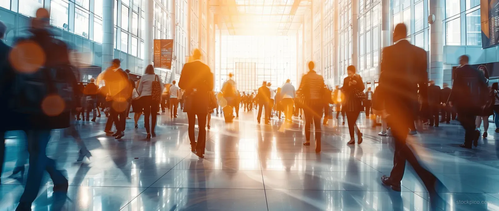Blurred executives walk through a bright conference lobby while a moving crowd passes under tall glass windows.