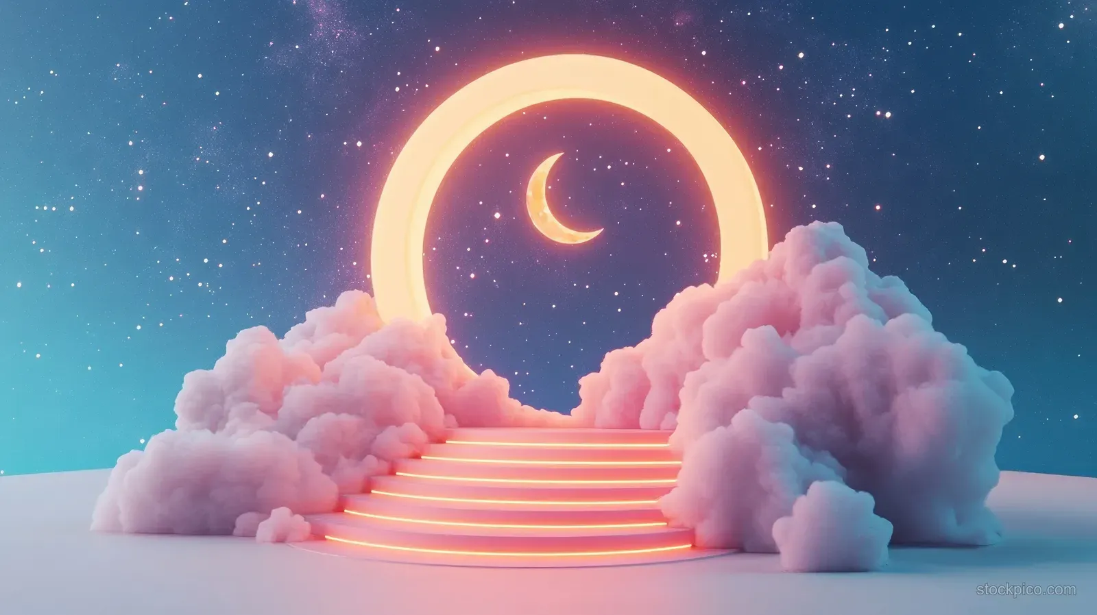 A glowing portal with a crescent moon rises above pink clouds and illuminated stairs under a starry night sky.