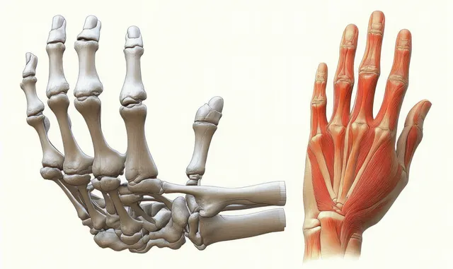 An anatomical illustration shows a human hand with bones, muscles, and tendons in dorsal view.