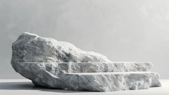 White stone podium with rough texture placed on a grey studio background for minimal product display.