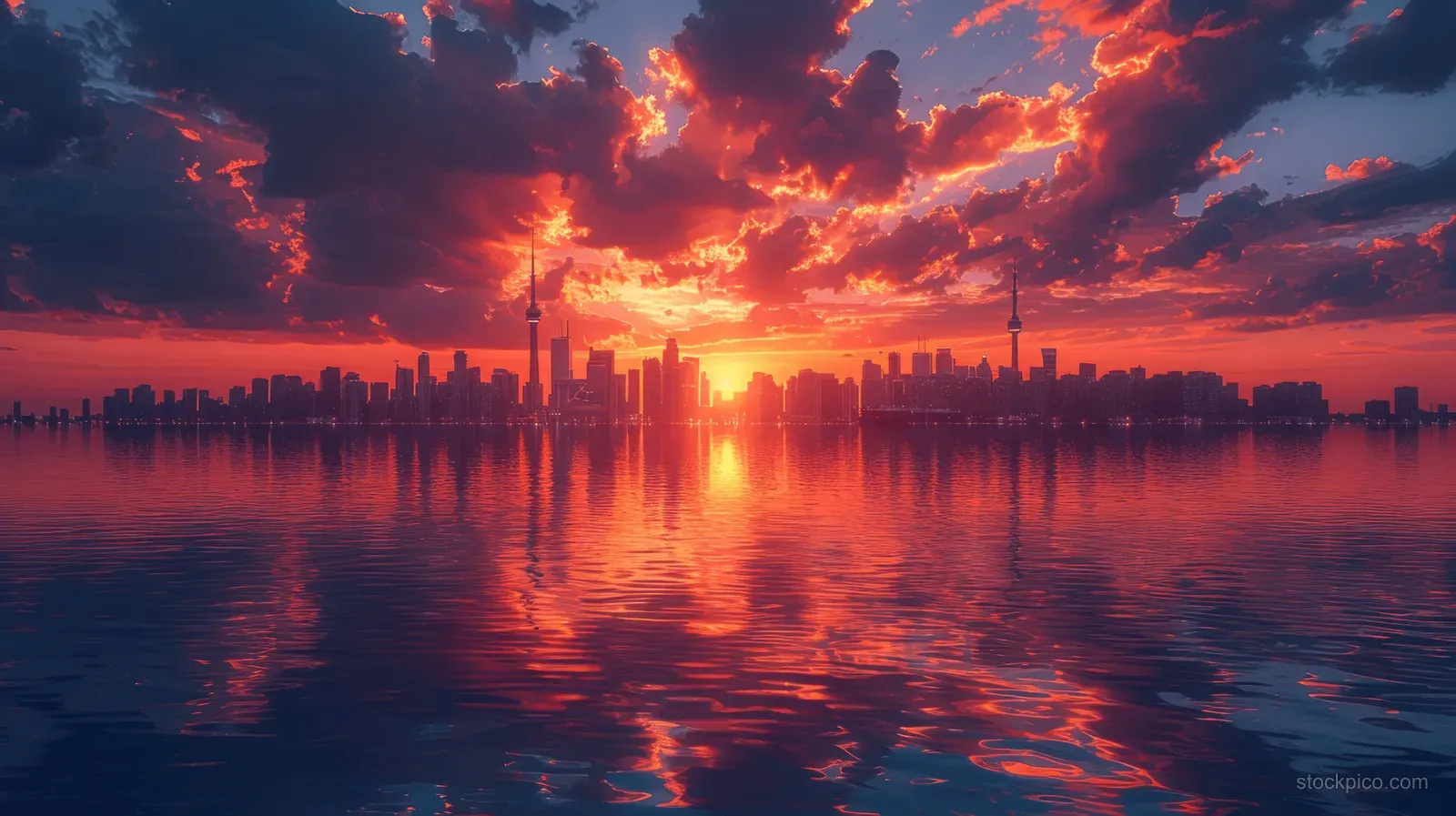 Toronto skyline under dramatic sunset clouds with golden reflections shimmering across calm Lake Ontario water.