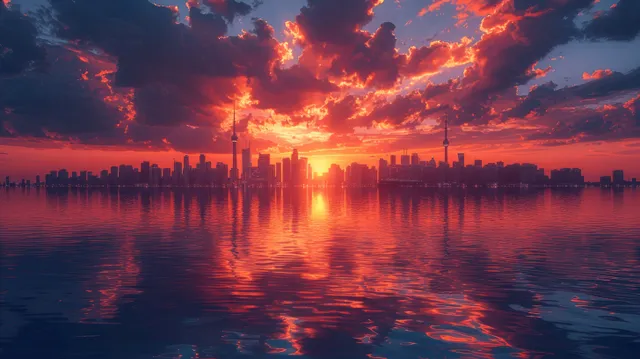 Toronto skyline at sunset with dramatic clouds and glowing water reflections over Lake Ontario with Canada Travel