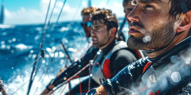Focused male sailors racing a Nacra 17 catamaran through choppy ocean waves