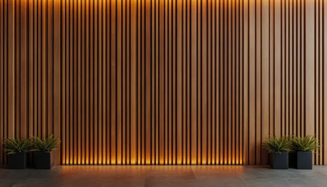 Vertical Fluted Wood Wall with Warm Ambient Lighting and Shadowed Depth