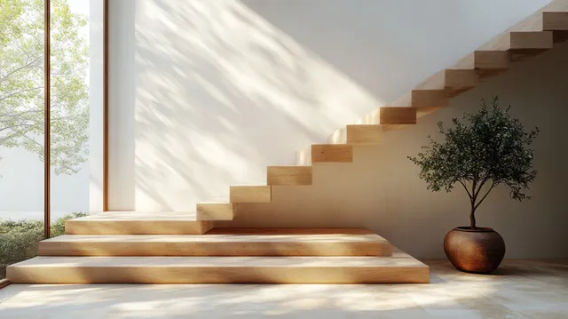 Minimalist wooden staircase rising in a bright Scandinavian interior with soft window light