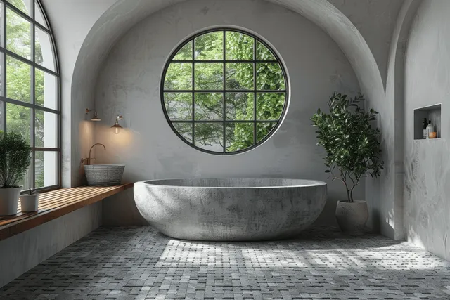 Minimalist bathroom with a stone bathtub under a round window, tiled floor, and potted plants.